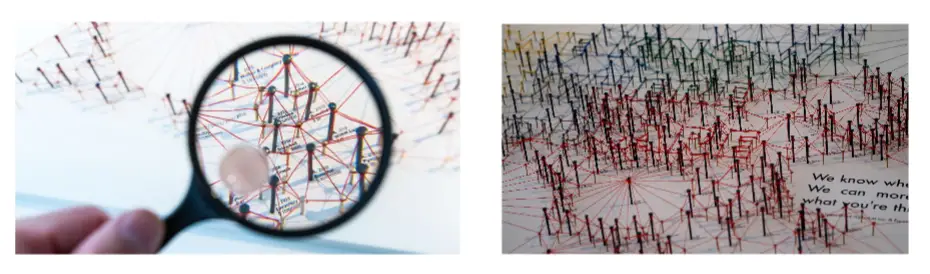 Loupe observant un réseau de connexions humaines et visualisation d’un système de données interconnectées en arrière-plan