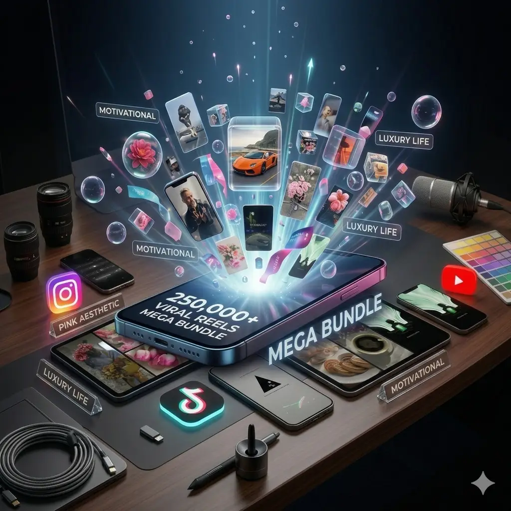 Bundle de plus de 250000 reels viraux pour Instagram et TikTok avec contenus motivation, luxe et esthétique pour réseaux sociaux