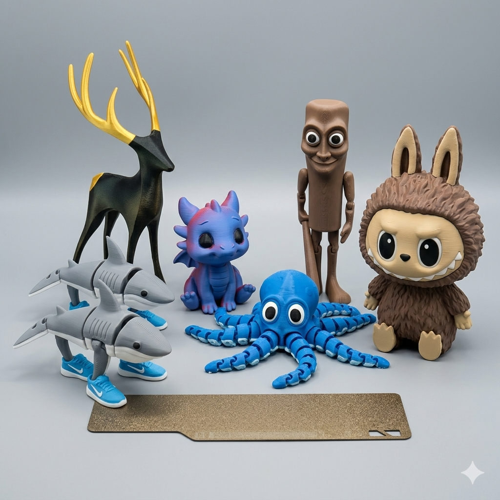 Image figurine 3D Modèles 3D imprimés en STL avec figurines stylisées incluant animaux, personnages et objets pour impression 3D