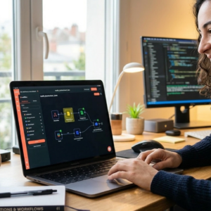 Personne utilisant un ordinateur portable avec un workflow d’automatisation n8n sur un bureau de travail
