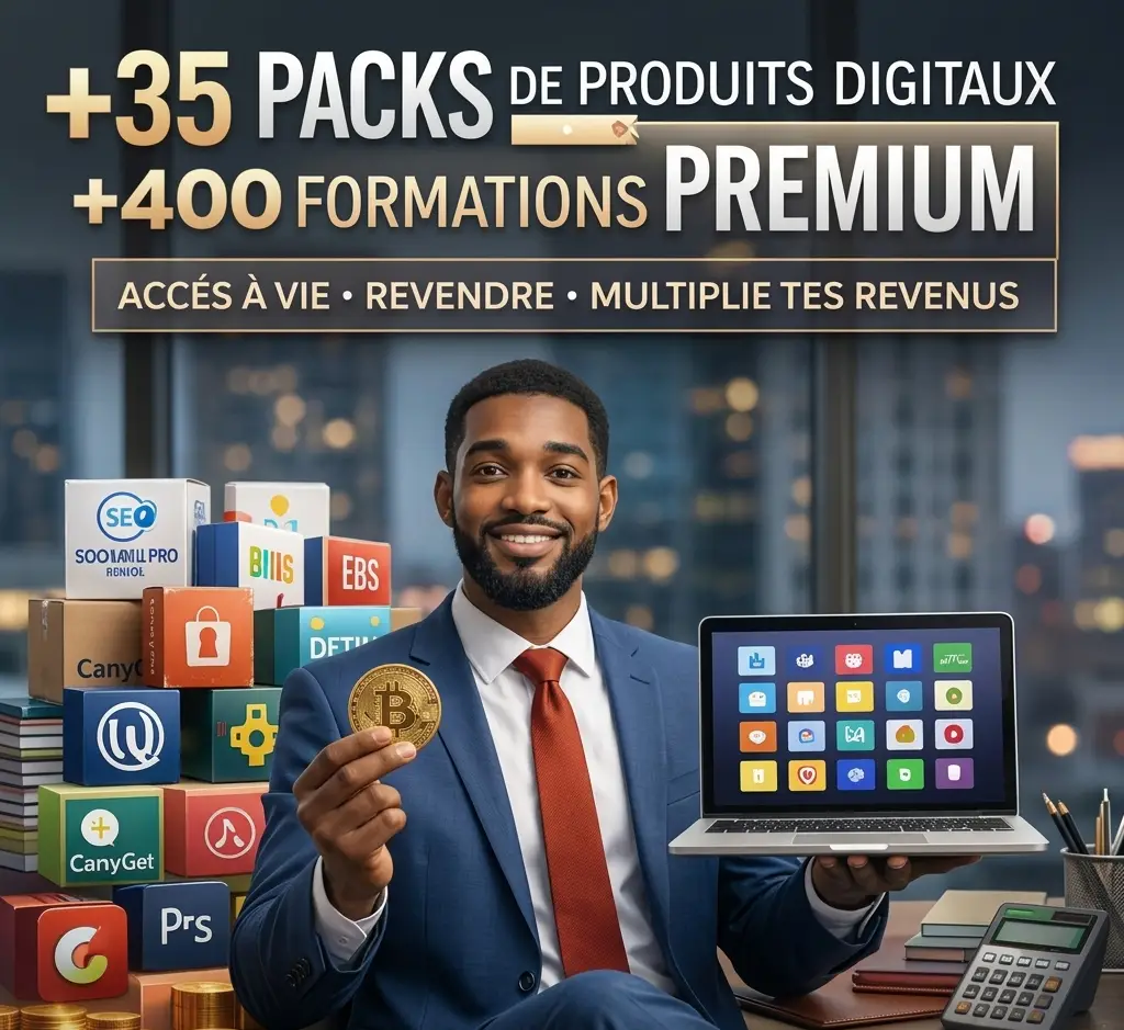 Bundle premium de 35 packs de produits digitaux et 400 formations avec accès à vie pour créer et développer un business en ligne